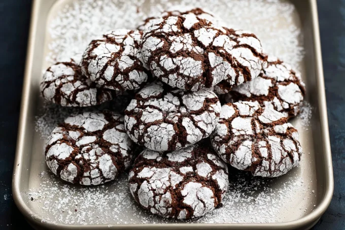 A plate of Chocolate Peppermint Crinkle Cookies dusted with powdered sugar.