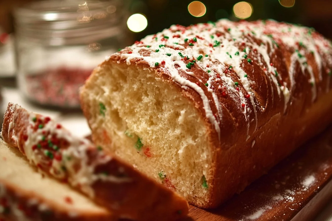 Loaf of freshly baked Christmas bread decorated with festive toppings.