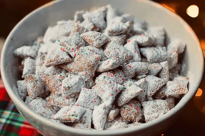 A festive bowl of Christmas Puppy Chow with colorful treats and holiday decorations.