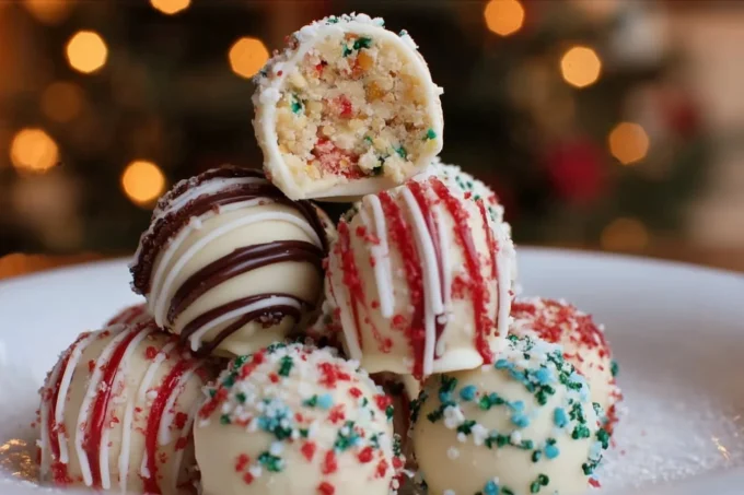 Christmas Tree Cake Truffles decorated for the holiday season