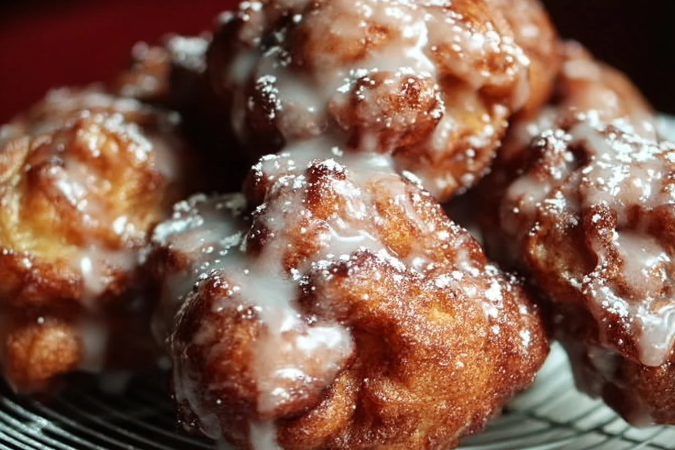 Freshly made cinnamon apple fritters dusted with powdered sugar.