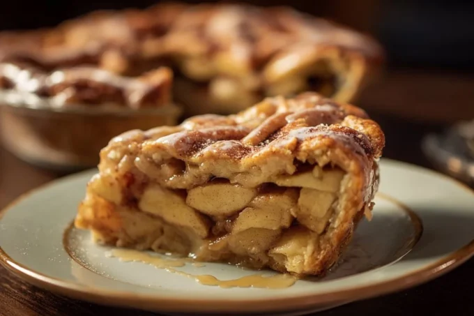 Delicious cinnamon roll apple pie fresh out of the oven, showcasing its flaky crust and cinnamon glaze.