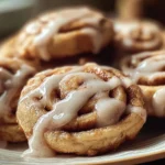 Delicious cinnamon roll cookies with icing and cinnamon sugar on a plate.