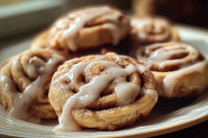 Delicious cinnamon roll cookies with icing and cinnamon sugar on a plate.