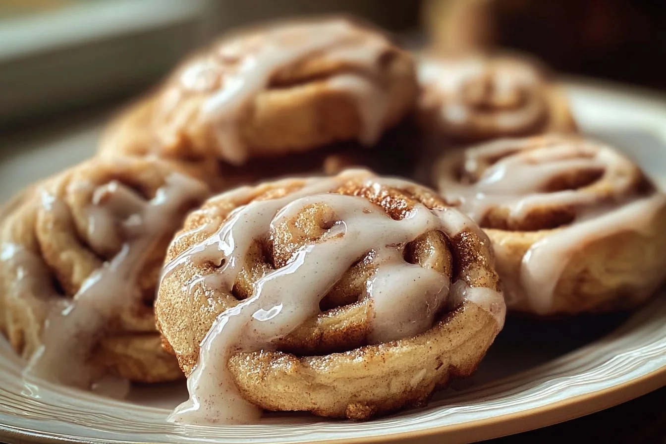 Delicious cinnamon roll cookies with icing and cinnamon sugar on a plate.