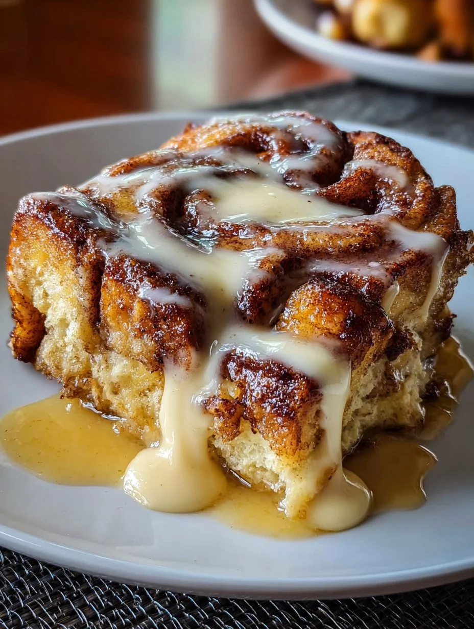 Delicious Cinnamon Roll French Toast Casserole served on a plate with syrup.