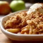 Delicious classic apple crumble dessert served in a baking dish