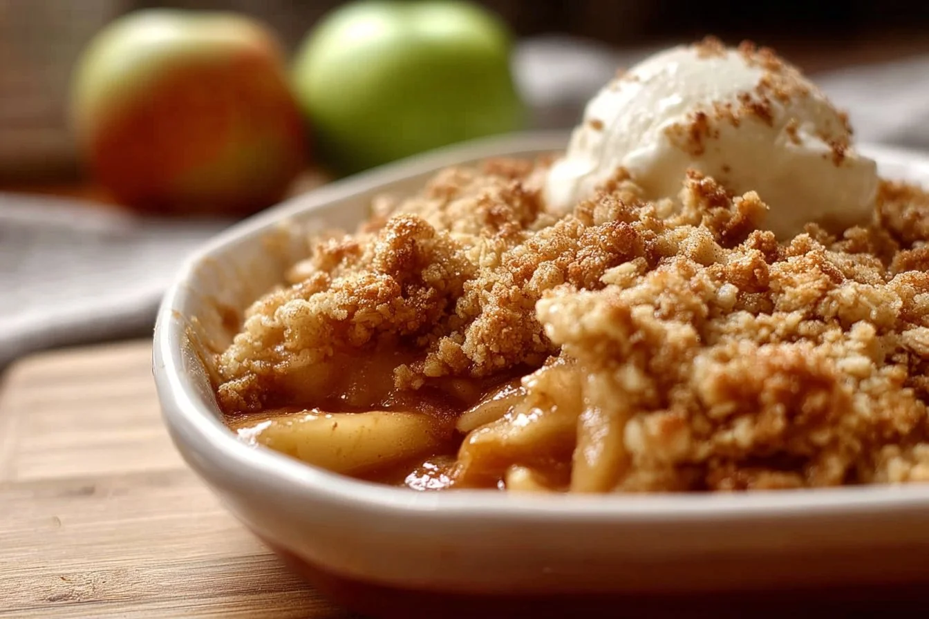 Delicious classic apple crumble dessert served in a baking dish