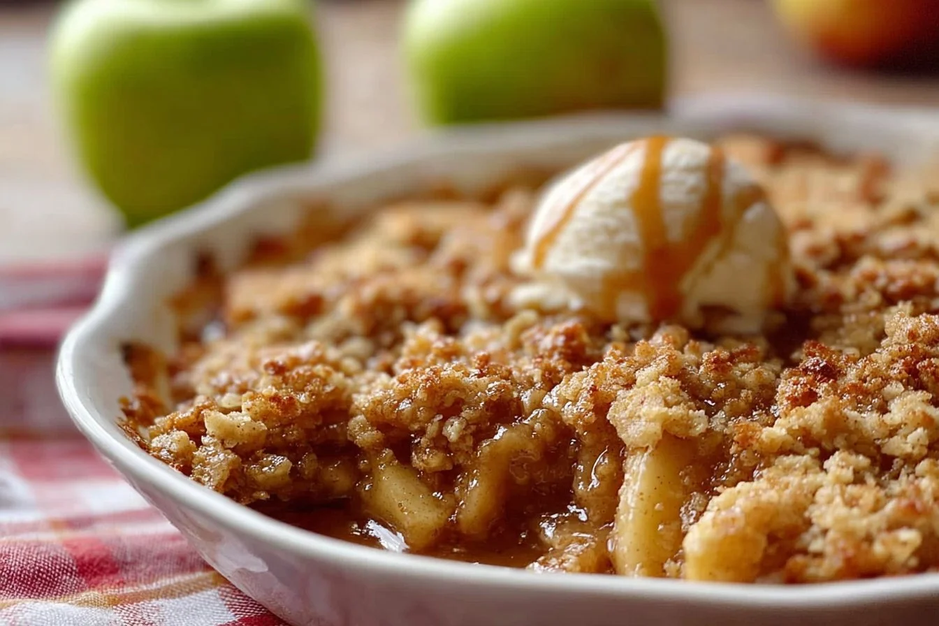 Delicious classic apple crumble dessert with a golden crispy topping