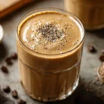 Delicious coffee protein smoothie in a glass with coffee beans and protein powder.