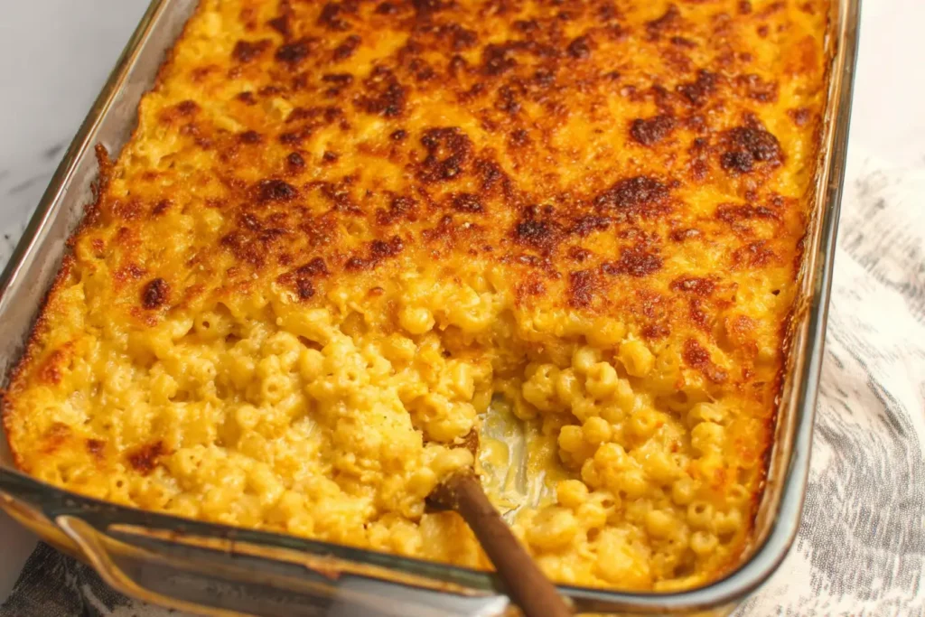 Plate of Southern baked macaroni and cheese recipe served with a simple side salad