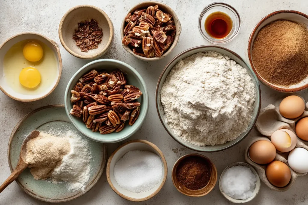 Bowls of brown sugar, granulated sugar, self-rising flour, oil, and eggs—the core ingredients for the Sweet Alabama Pecan Bread.