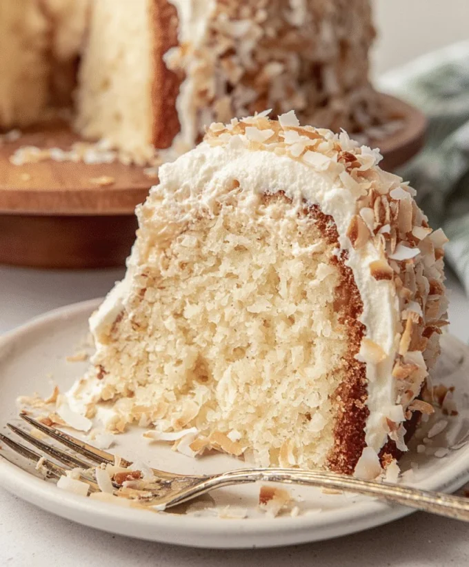 Delicious Coconut Bundt Cake topped with shredded coconut and icing.