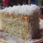 Delicious Coconut Layer Cake with layers of coconut frosting and flaked coconut.