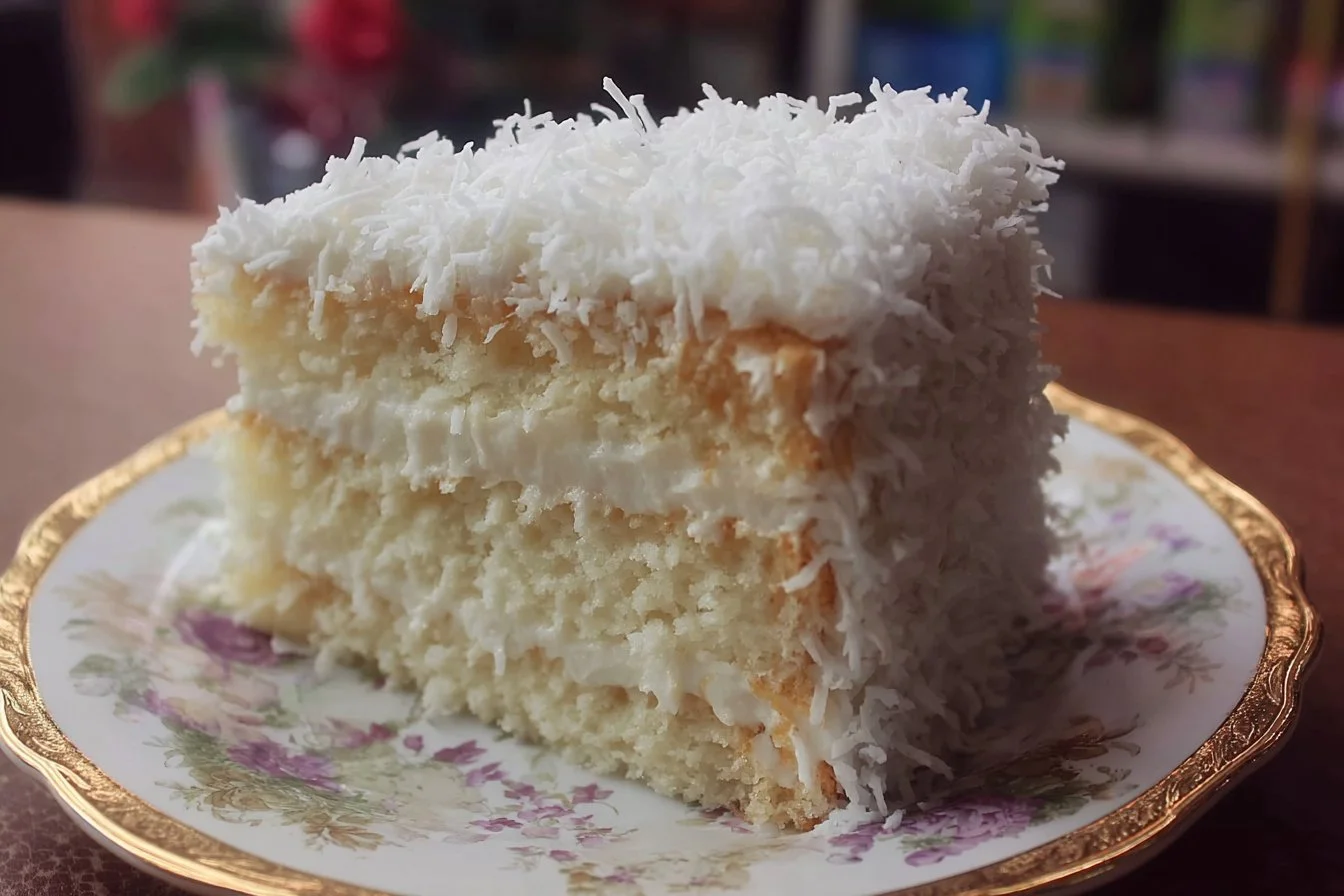 Delicious Coconut Layer Cake with layers of coconut frosting and flaked coconut.