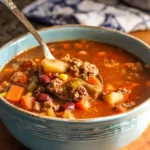 Bowl of delicious Cowboy Soup filled with beans, vegetables, and spices.