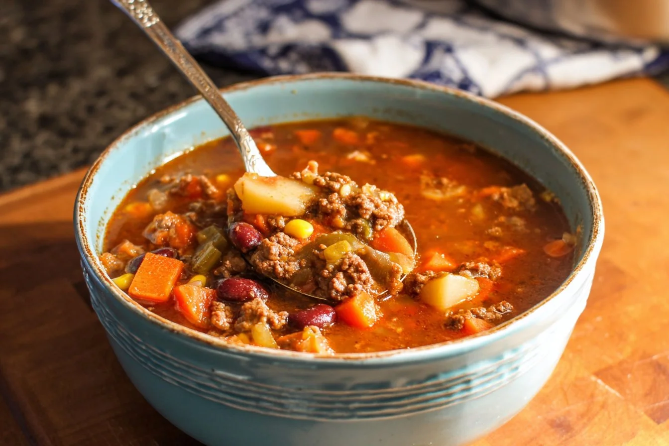Bowl of delicious Cowboy Soup filled with beans, vegetables, and spices.