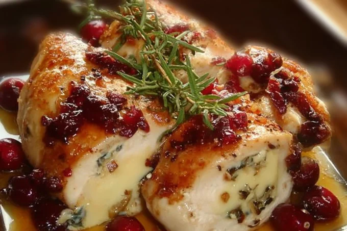 Cranberry Brie Stuffed Chicken cooked and plated for presentation.