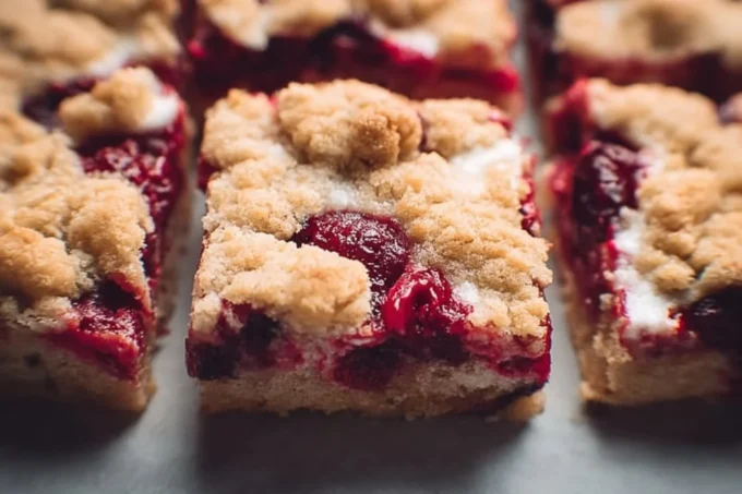 Homemade cranberry crumble bars with a golden topping and fresh cranberries