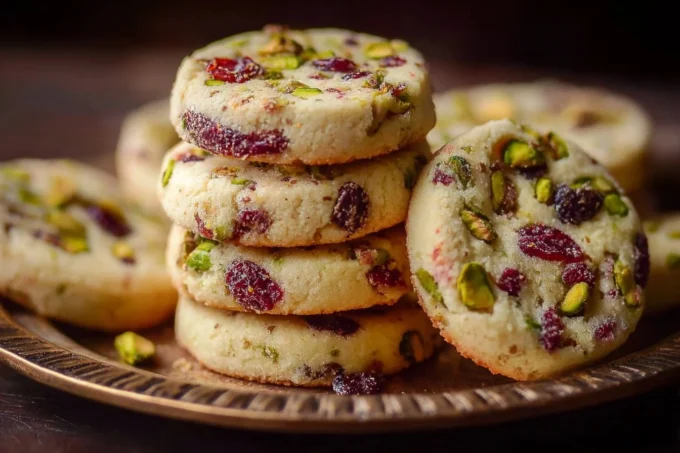 Cranberry pistachio shortbread cookies on a plate
