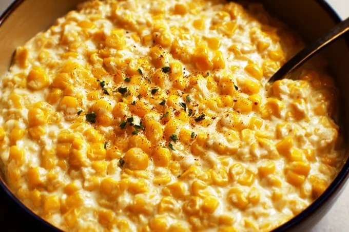 Dish of homemade creamed corn served in a bowl