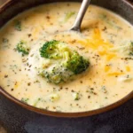 Delicious creamy broccoli cheddar soup in a bowl, garnished with cheese