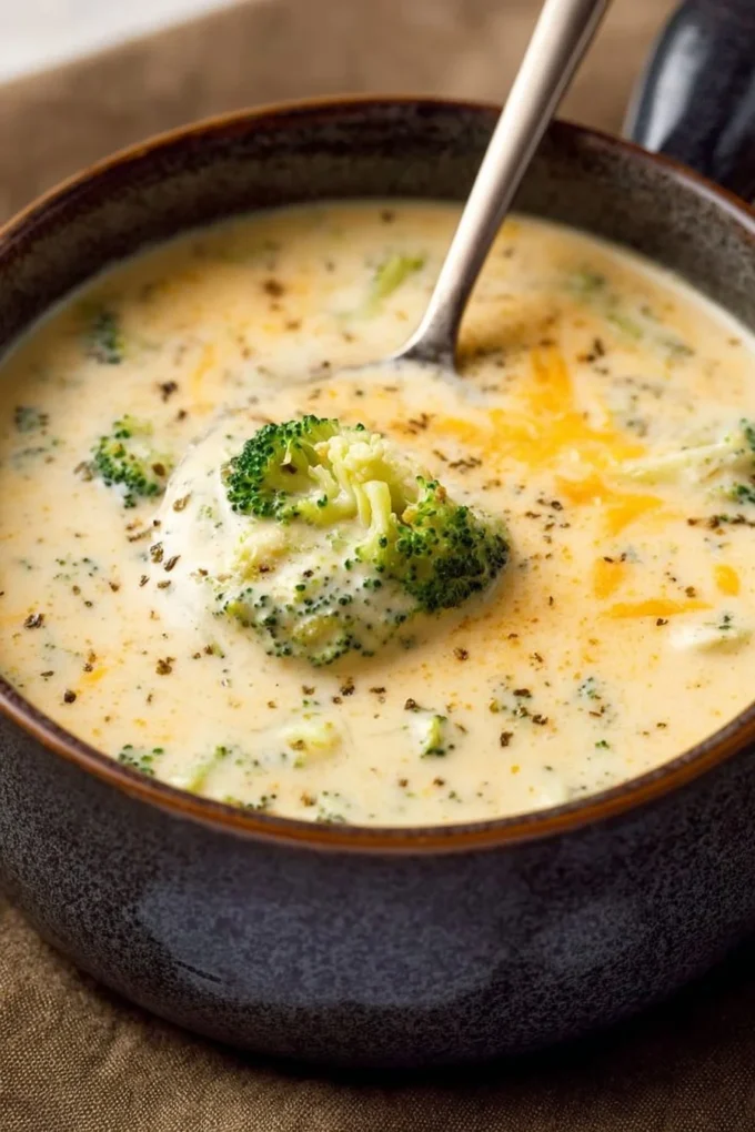 Delicious creamy broccoli cheddar soup in a bowl, garnished with cheese