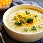 Bowl of creamy broccoli cheese soup with melted cheese on top