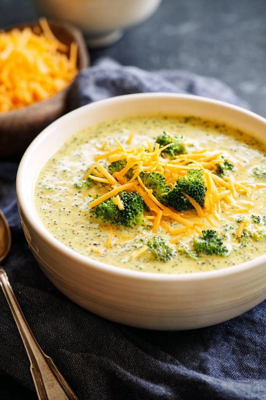 Bowl of creamy broccoli cheese soup with melted cheese on top