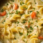 Bowl of creamy chicken noodle soup with herbs and noodles