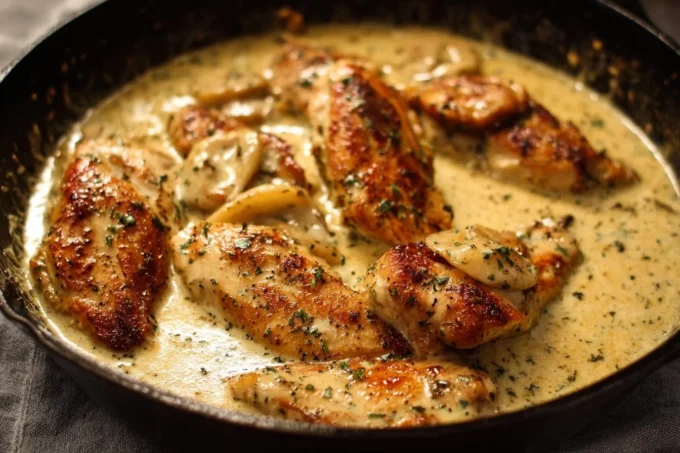 Creamy garlic chicken dish with herbs and spices garnished with parsley.