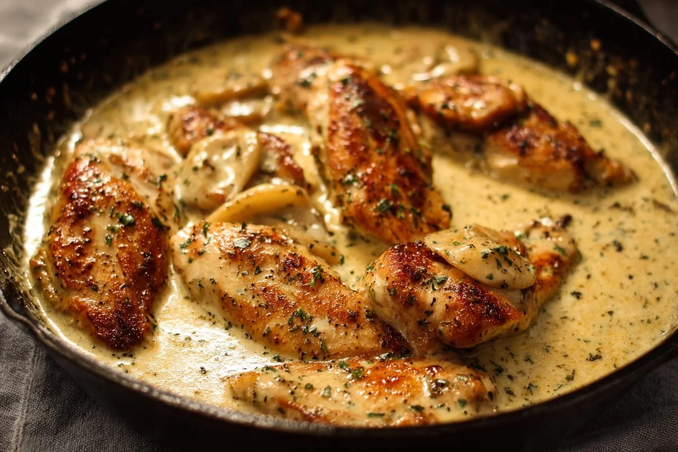 Creamy garlic chicken dish with herbs and spices garnished with parsley.