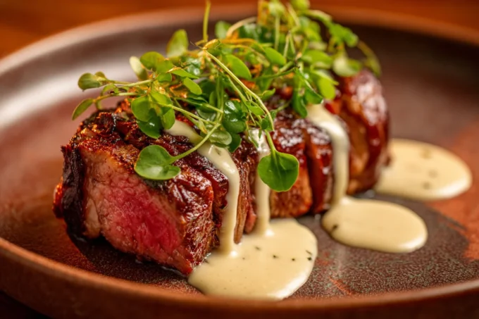 Creamy garlic sauce steak served on a plate with herbs.