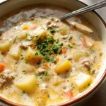 Bowl of creamy hamburger potato soup with vegetables and herbs