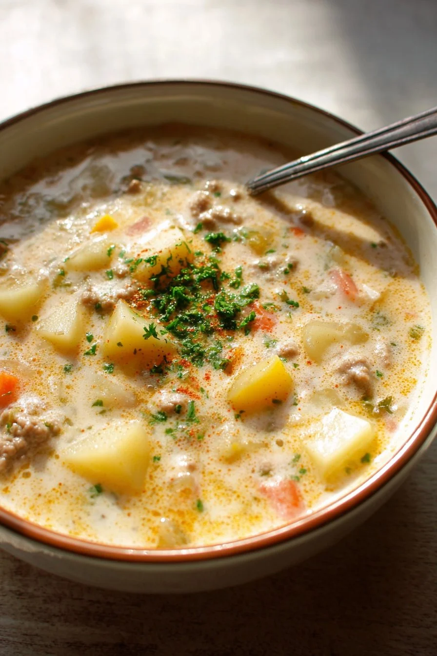 Bowl of creamy hamburger potato soup with vegetables and herbs