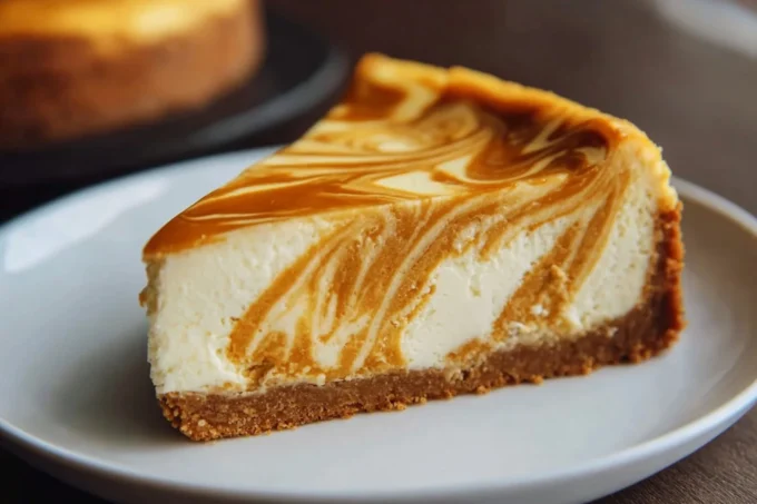 Creamy pumpkin swirl cheesecake topped with whipped cream and cinnamon