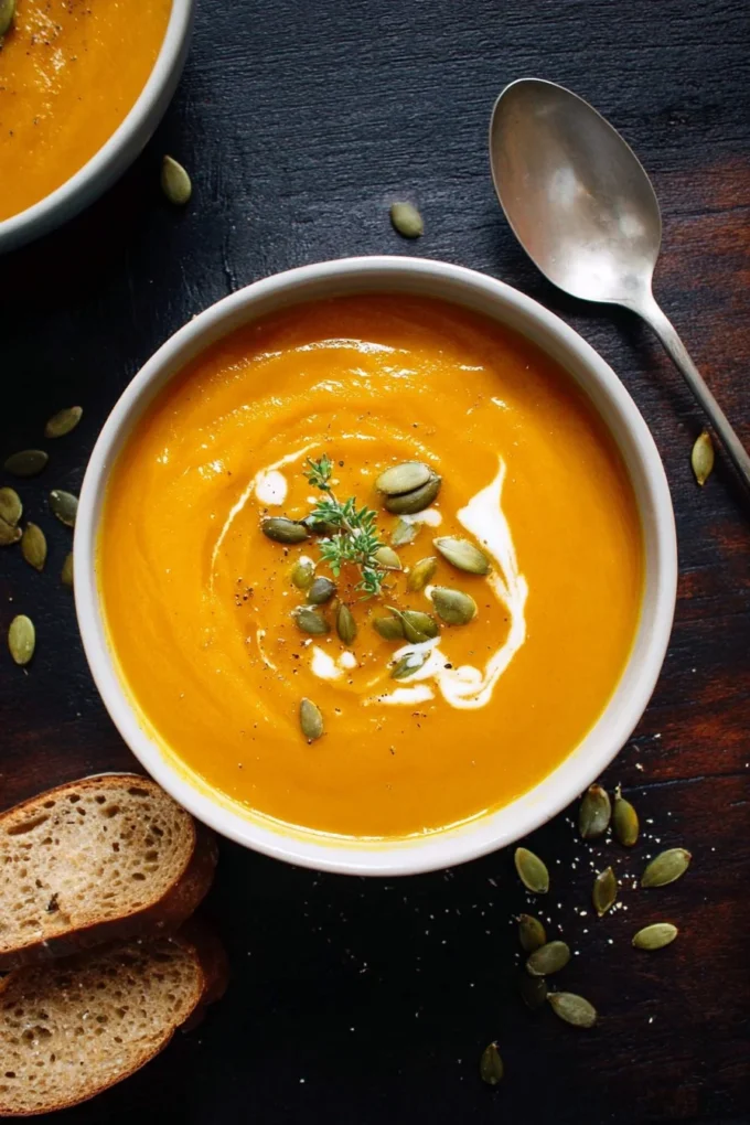 Bowl of creamy roasted pumpkin soup garnished with herbs