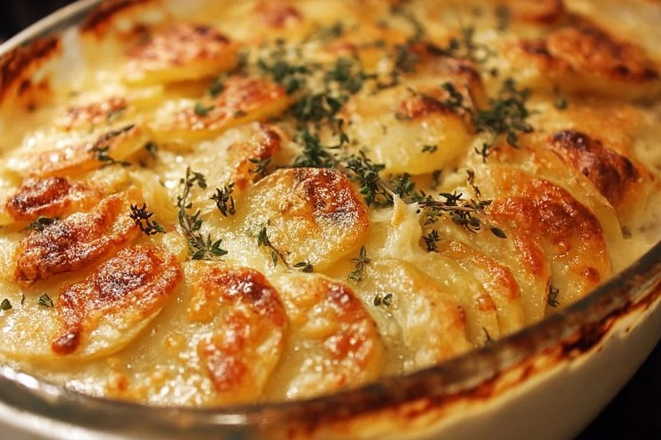 Delicious creamy scalloped potatoes baked to perfection