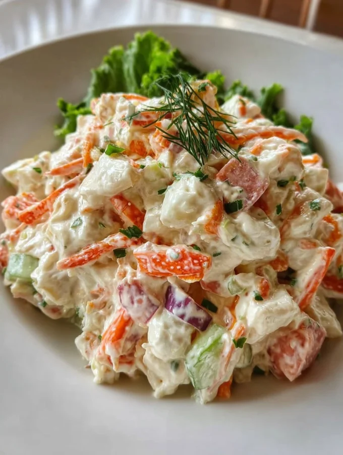 Creamy seafood salad with imitation crab served in a bowl