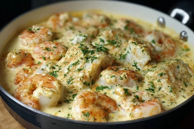 Creamy shrimp and cod skillet dish garnished with herbs