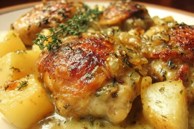 Delicious creamy thyme chicken thighs served with roasted potatoes