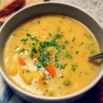 Bowl of creamy vegetable soup with fresh vegetables and herbs