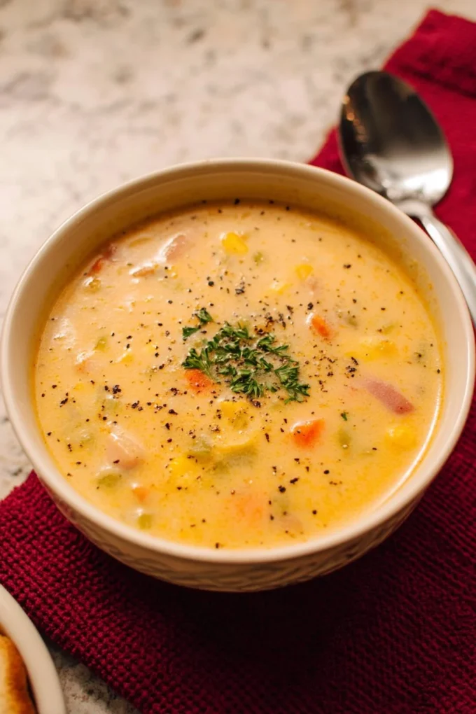Bowl of creamy vegetable soup with fresh veggies and herbs