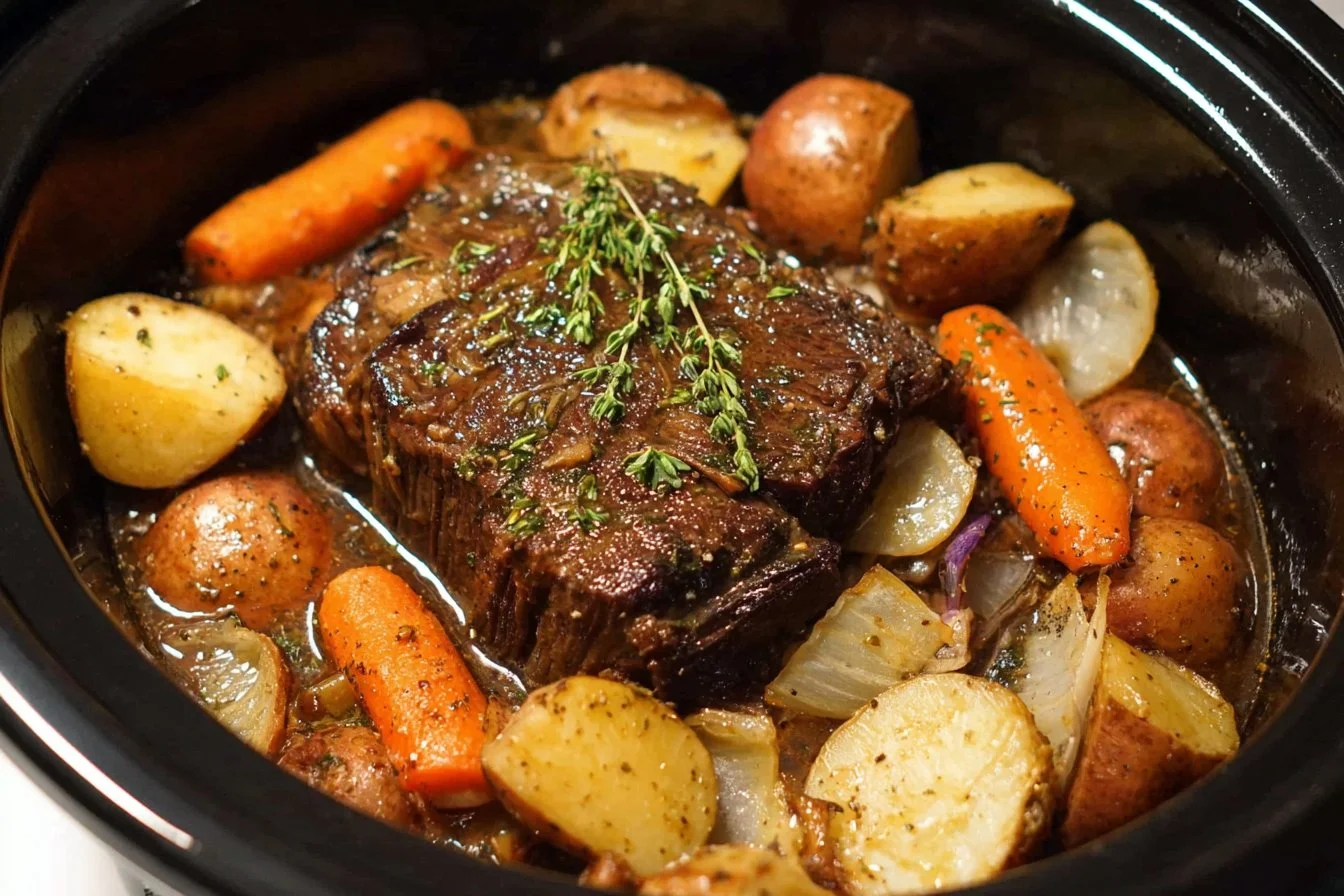 Delicious Crock Pot Roast with vegetables and herbs in a slow cooker