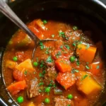 Crockpot beef vegetable soup simmering in a warm bowl with fresh vegetables