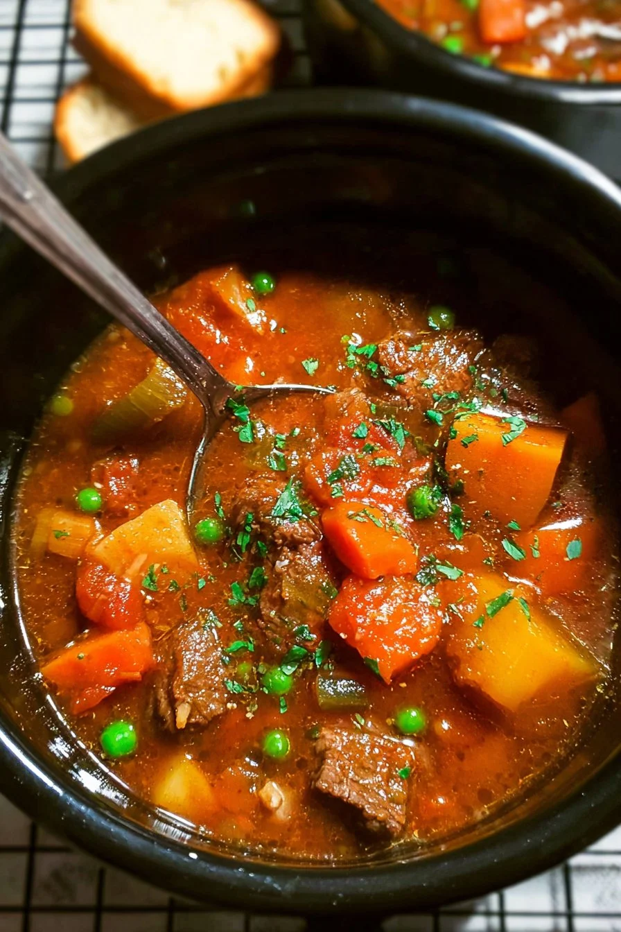 Crockpot beef vegetable soup simmering in a warm bowl with fresh vegetables