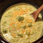 Creamy Crockpot broccoli cheese soup in a bowl garnished with cheese and herbs
