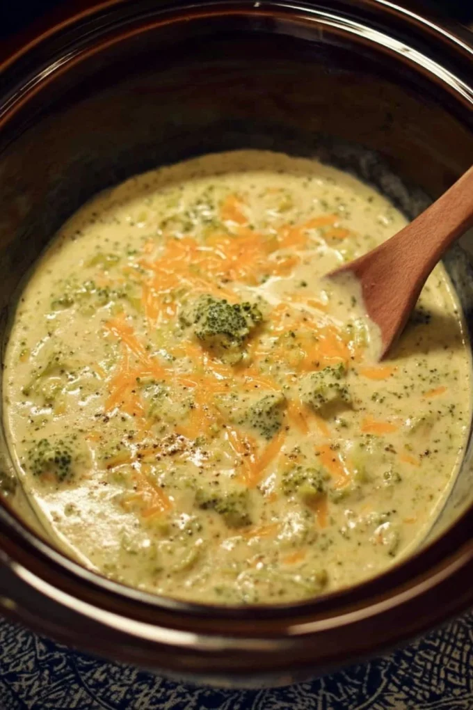 Creamy Crockpot broccoli cheese soup in a bowl garnished with cheese and herbs