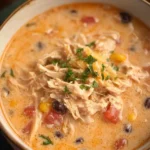 Crockpot Creamy Chicken Taco Soup served in a bowl with fresh toppings.