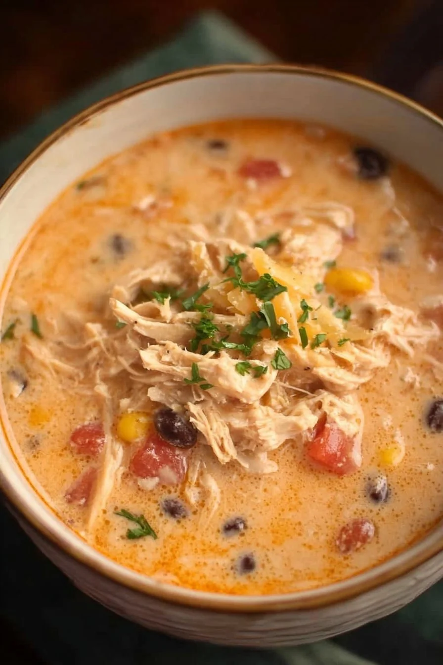 Crockpot Creamy Chicken Taco Soup served in a bowl with fresh toppings.